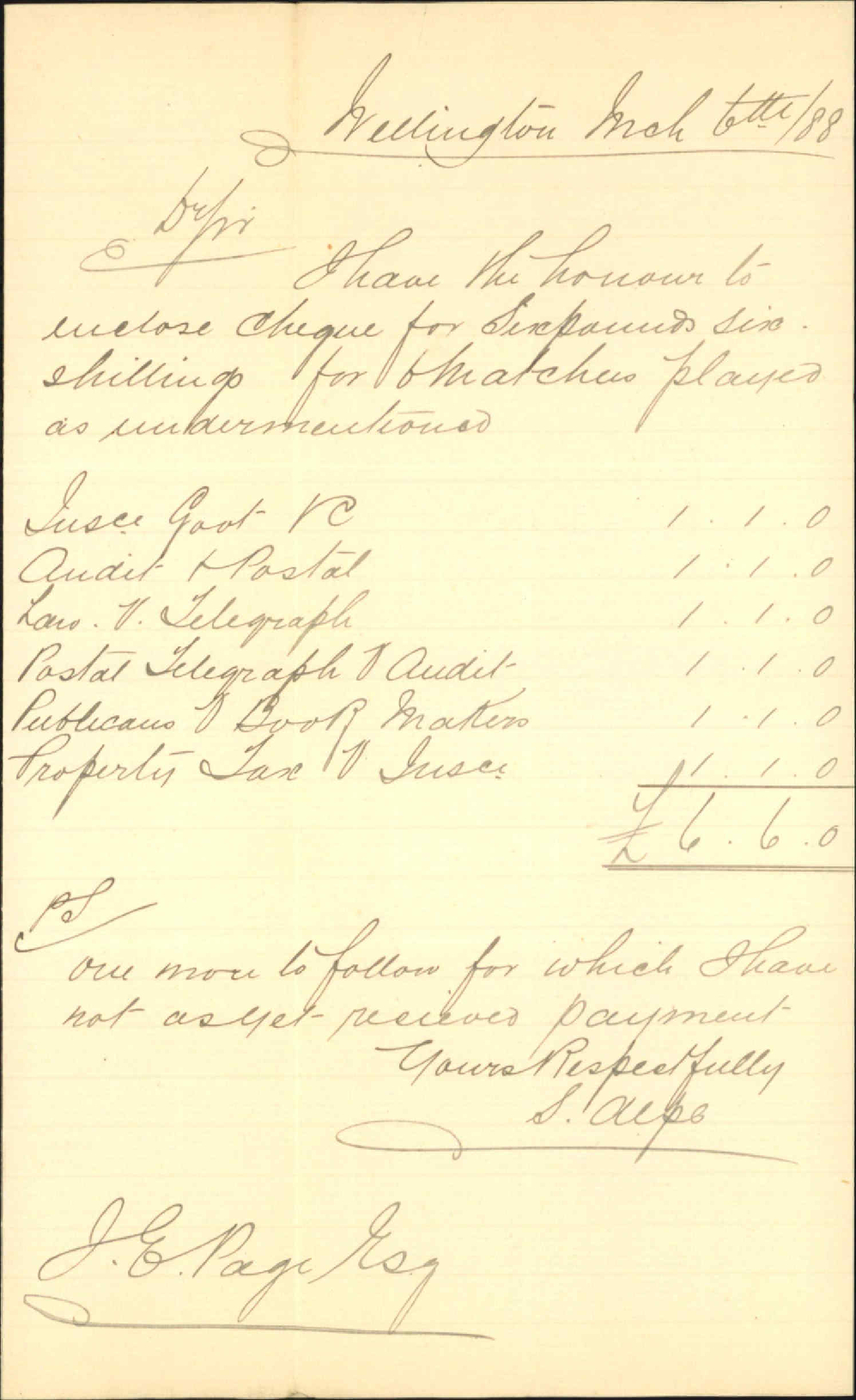 Forwarding cheque for sundry matches - Wellington Cricketer's Association