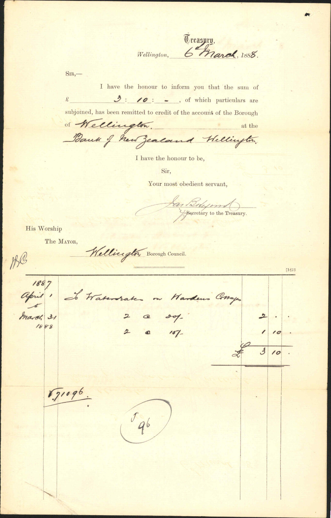 Reporting payment of water rates - Treasury