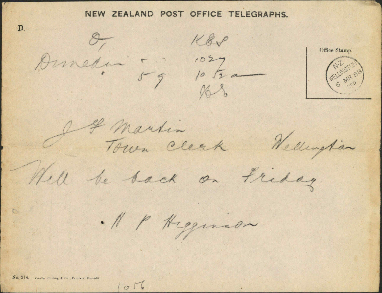 Will return on Friday - H P Higginson