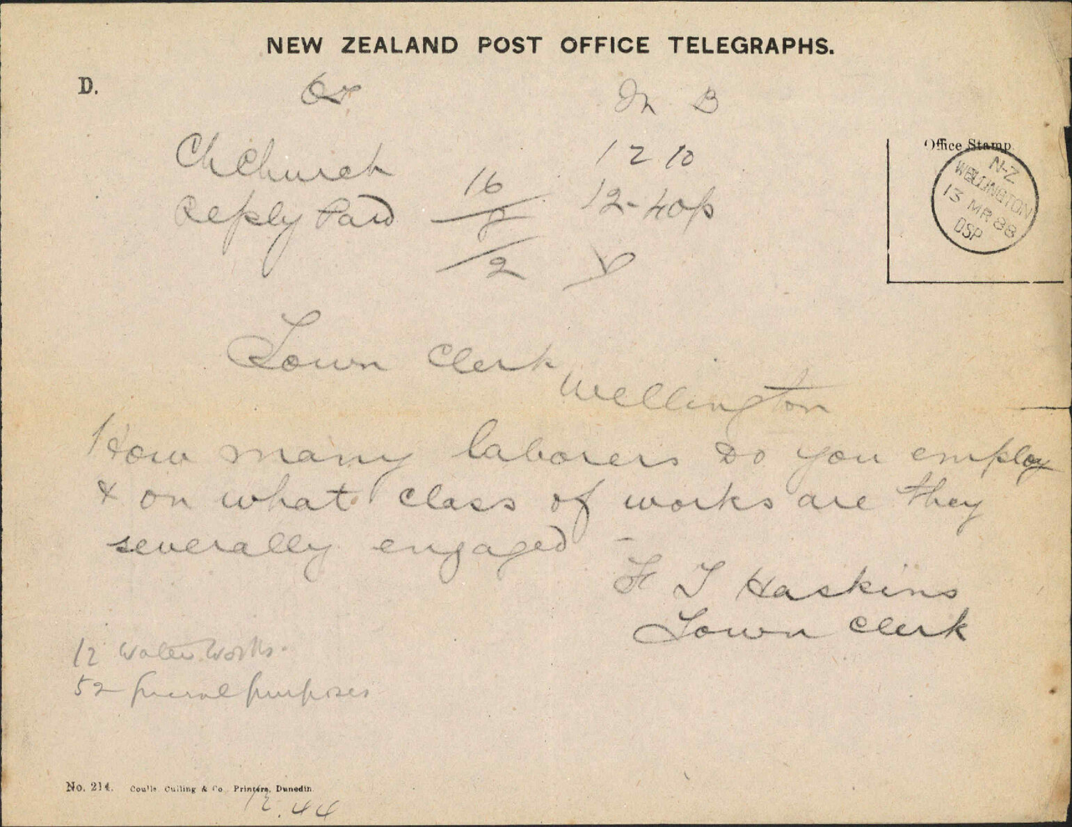 Enquiry as to Corporation labourers - Town Clerk, Christchurch