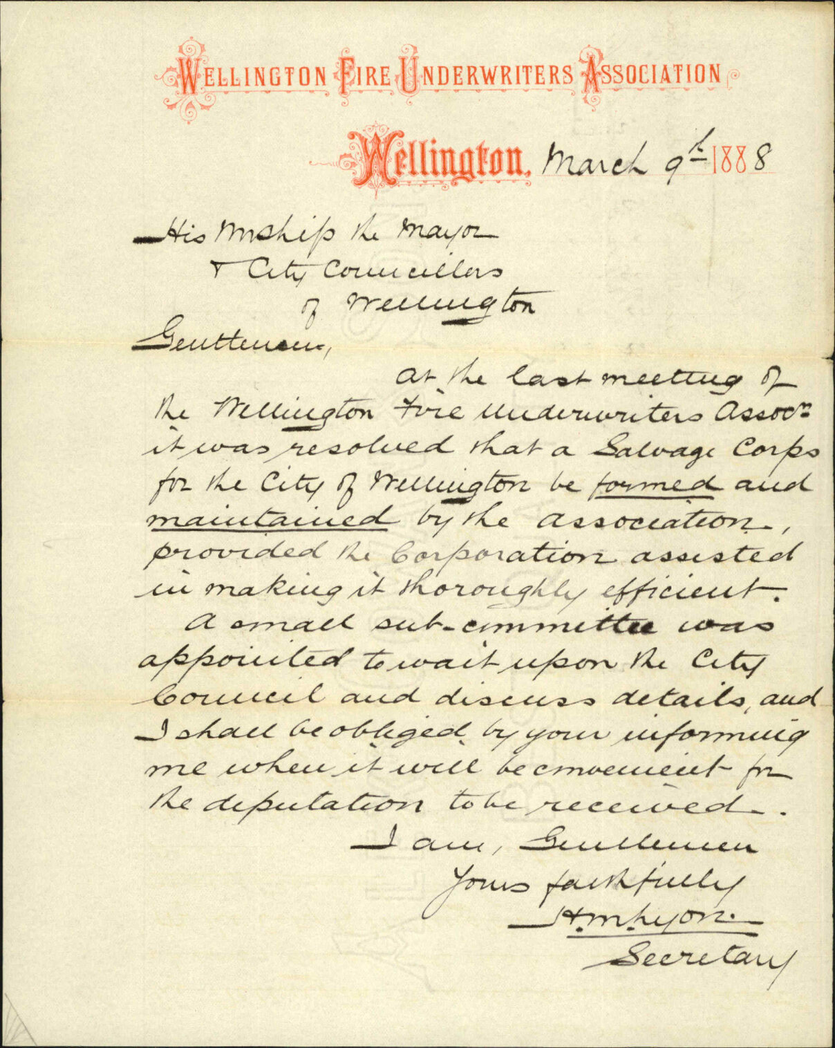 Proposed salvage corps - Secretary, Wellington Fire Underwriters Association