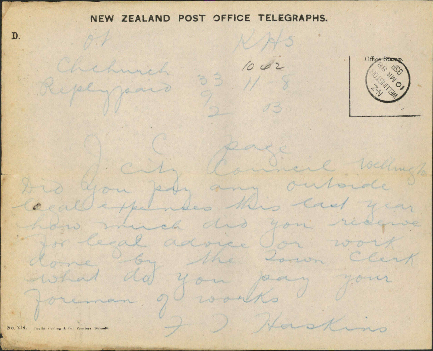 Further enquiry regarding expenditure - Town Clerk, Christchurch