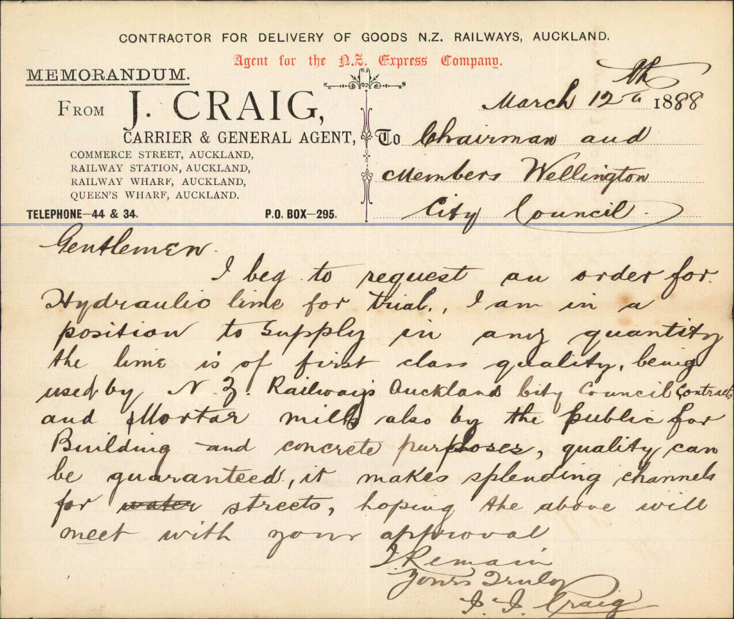 Asking an order for hydraulic lime - J Craig, Auckland