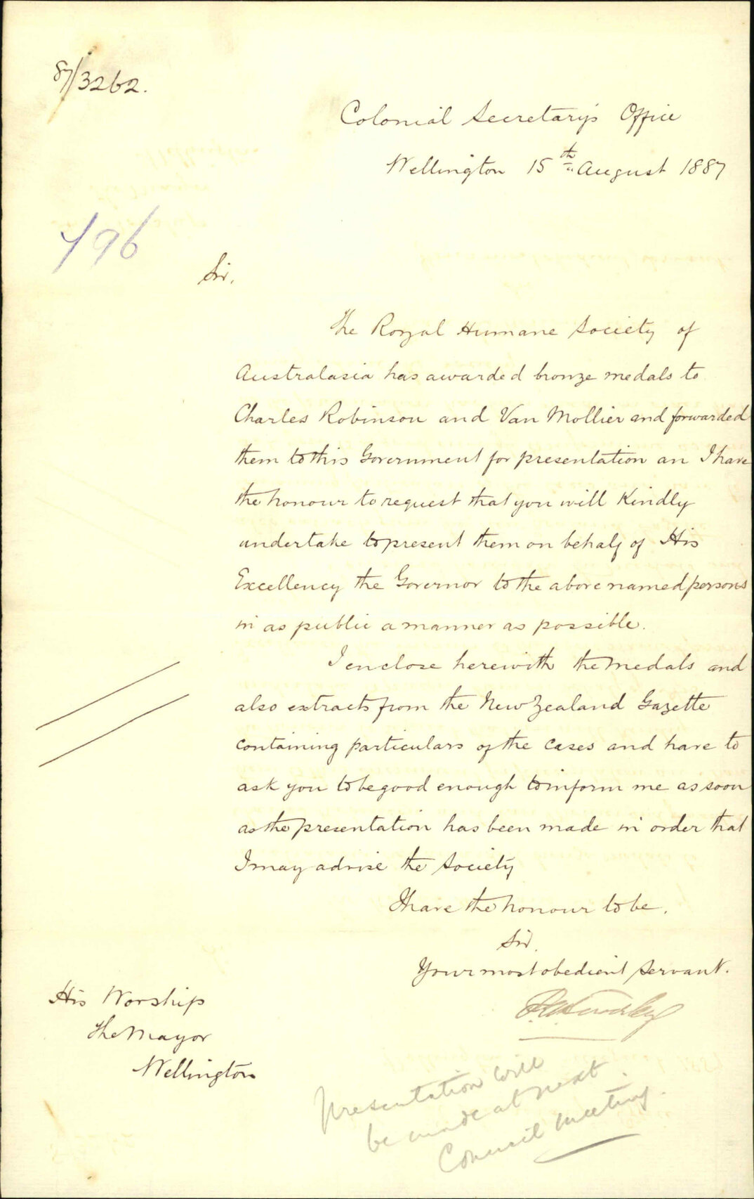 Awards by Royal Humane Society - Colonial Secretary