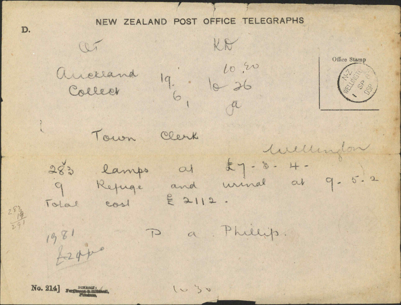 Particulars regarding street lighting - Town Clerk Auckland
