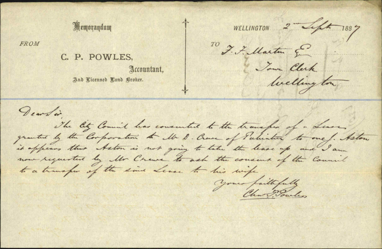 Proposed transfer of Pahiatua lease (Crewe) - C P Powles