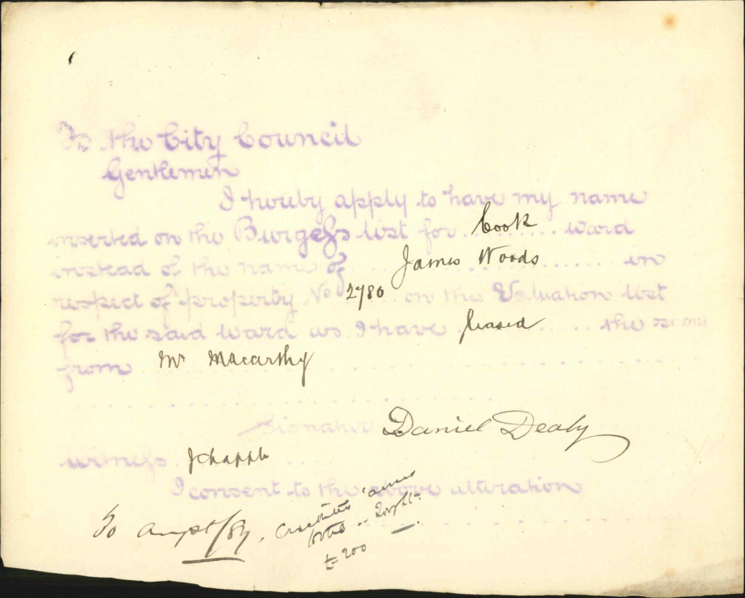 Application to be placed on burgess roll - Daniel Dealy