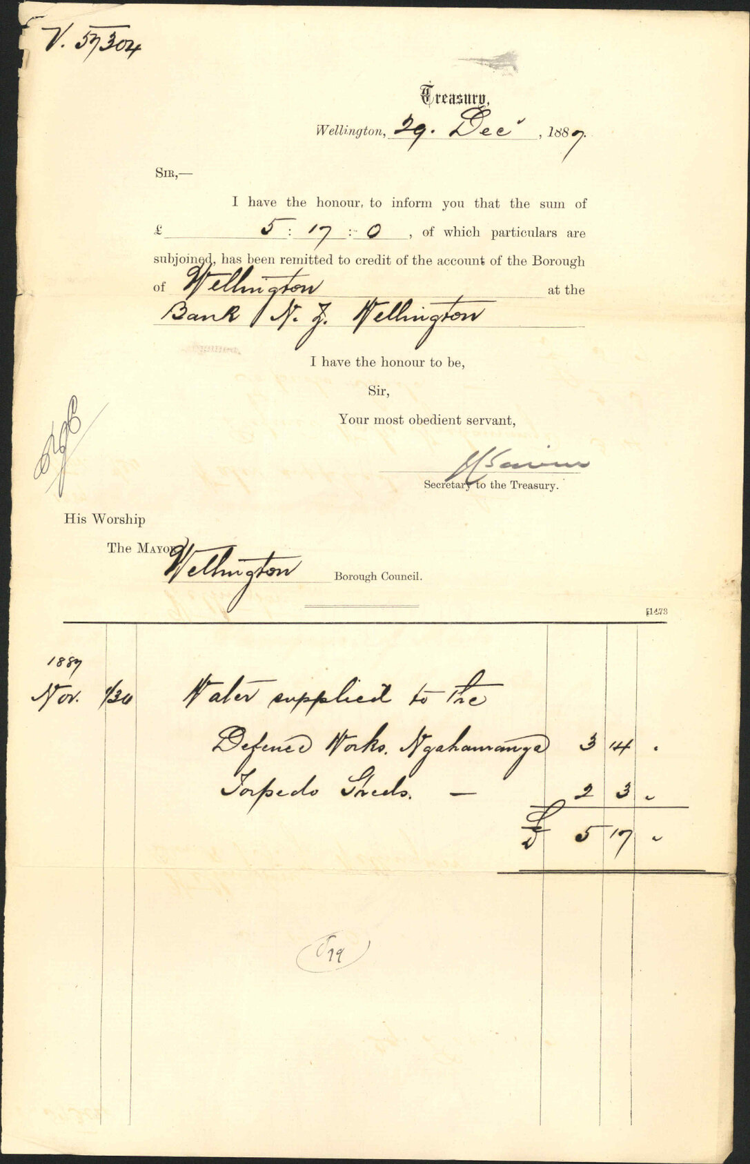 Advising payment of water account - Treasury