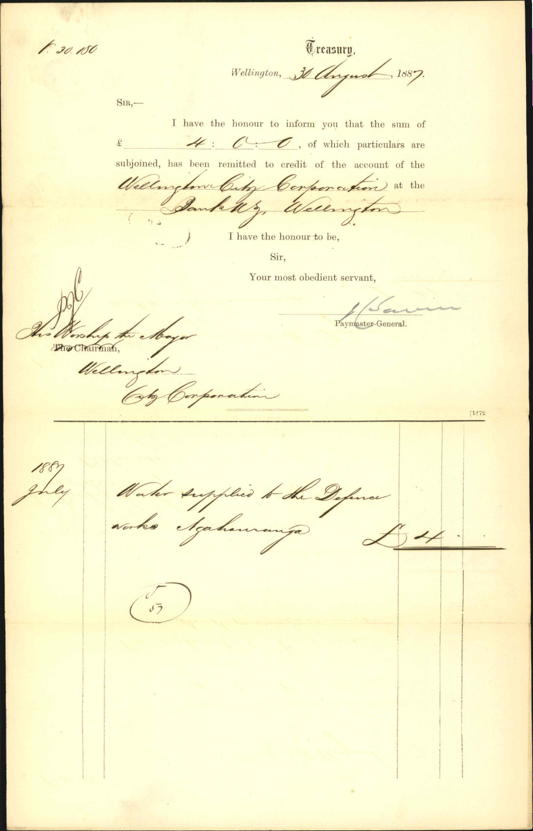 Advising payment of water account - Treasury