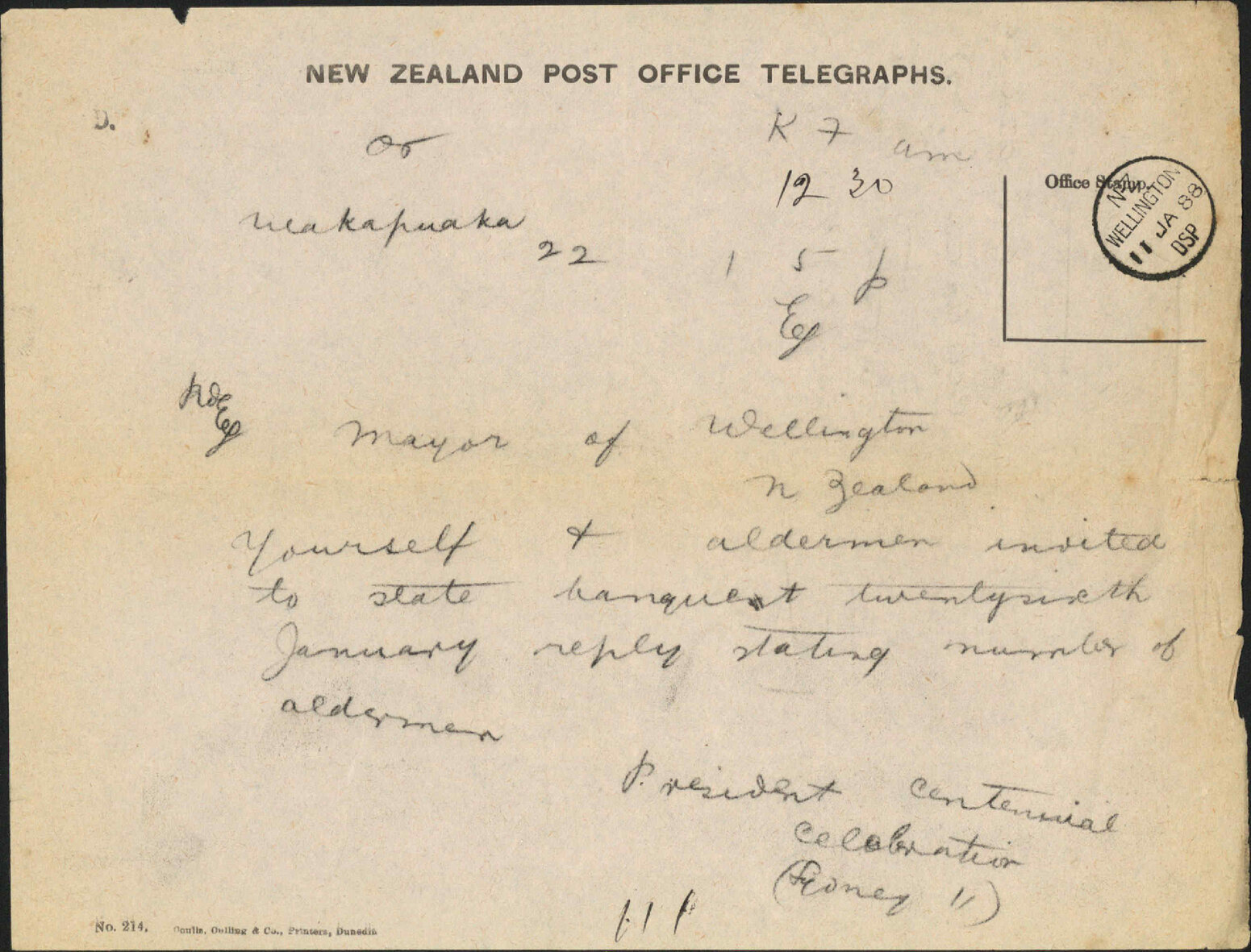 Invitation to Mayor and Councillors - President Centennial Celebration (Sydney)