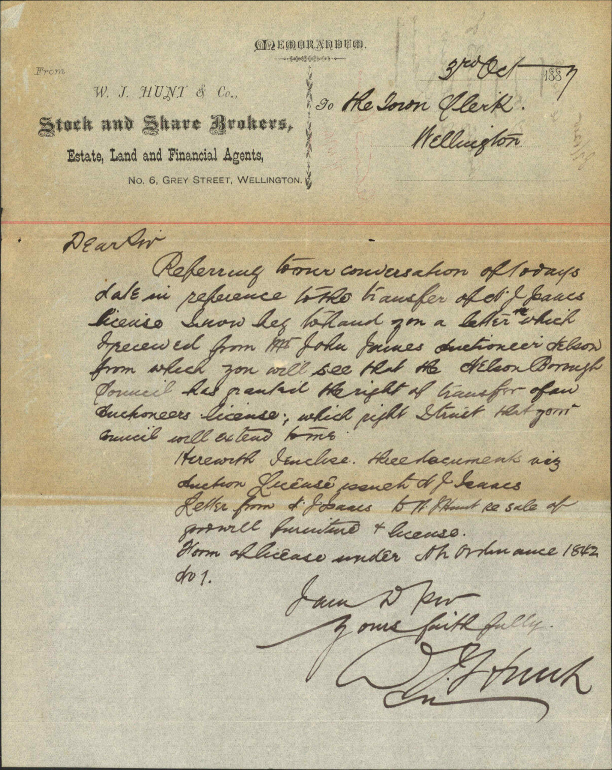 Asking transfer of auctioneers license - W J Hunt