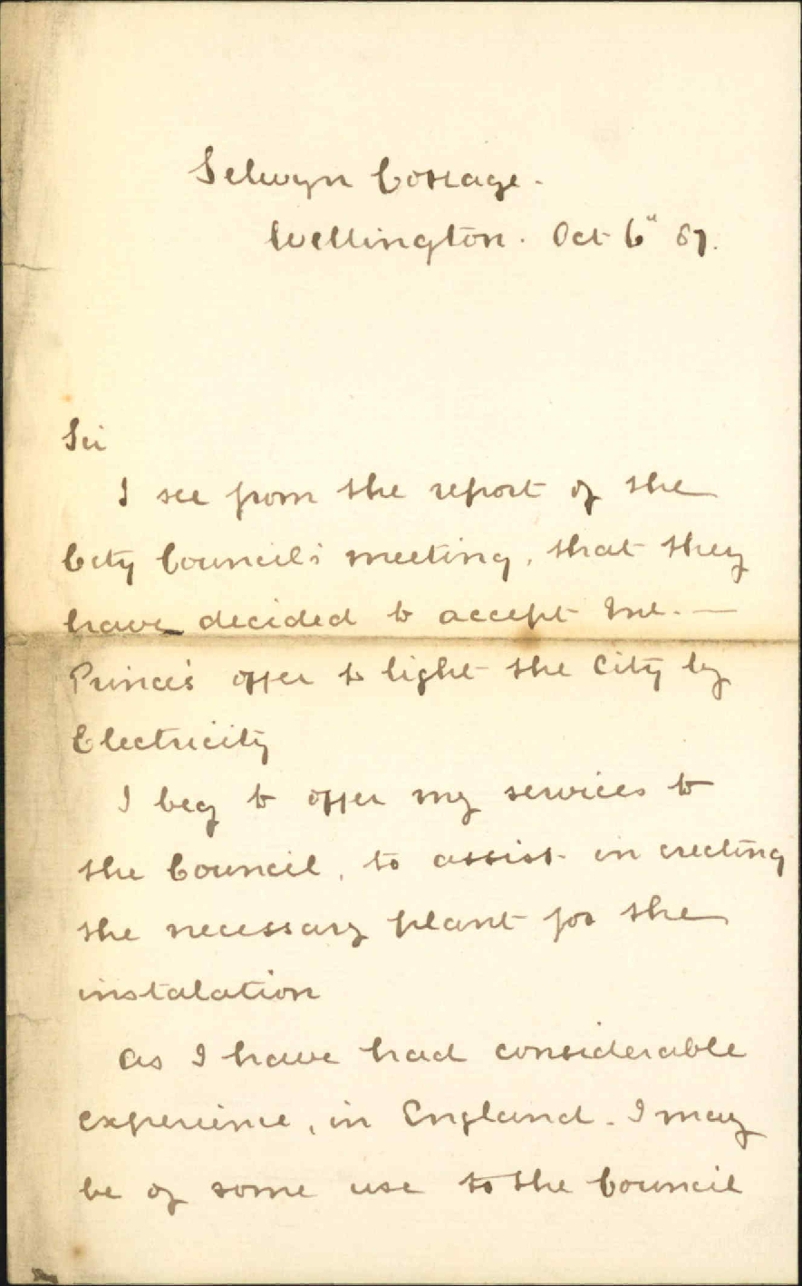 Offer to assist in electric lighting - Reginald Pye-Smith