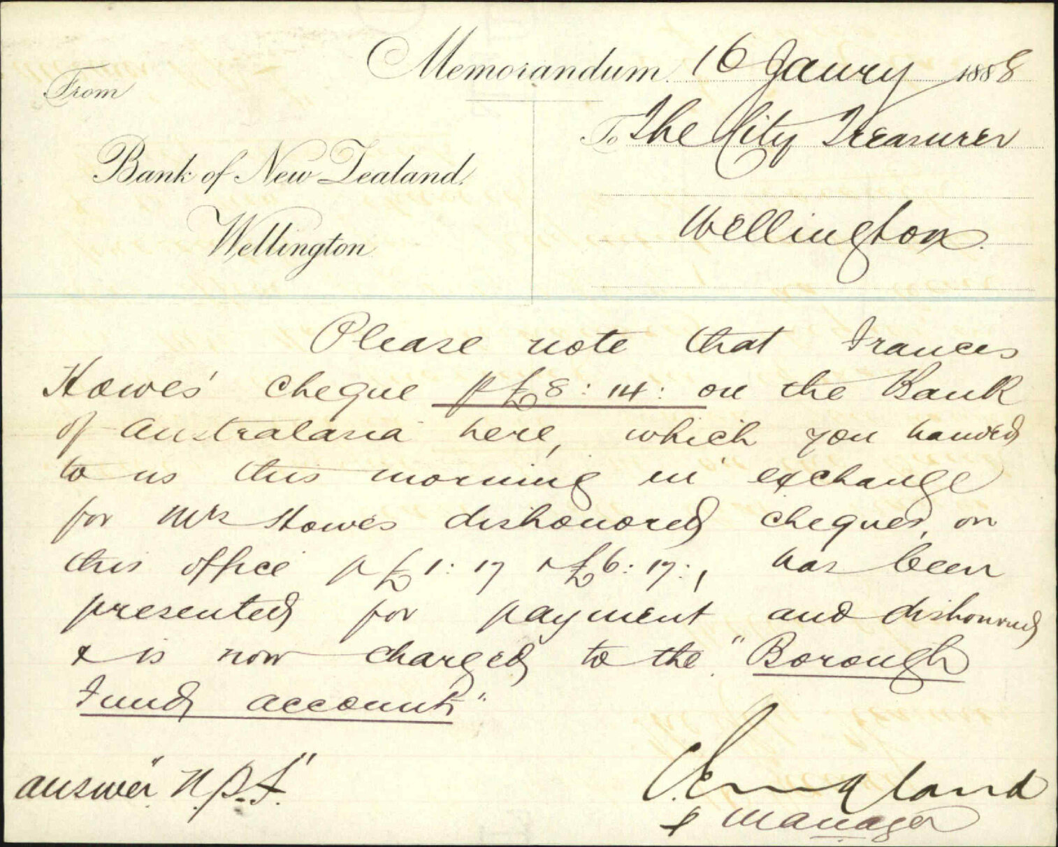 Mrs F Howe's cheque dishonoured - Bank of New Zealand