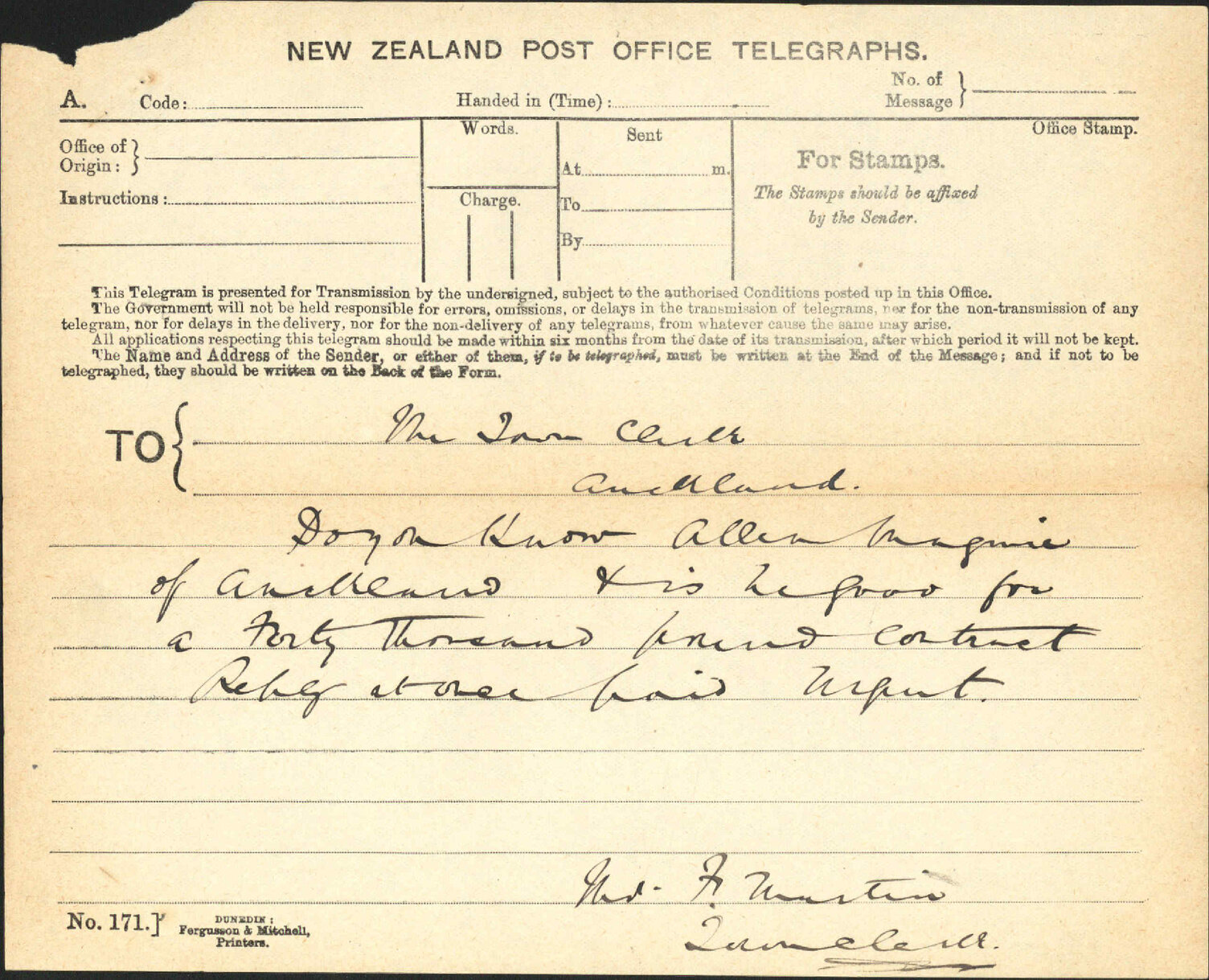 Reply to enquiry regarding Maguire - Town Clerk, Auckland