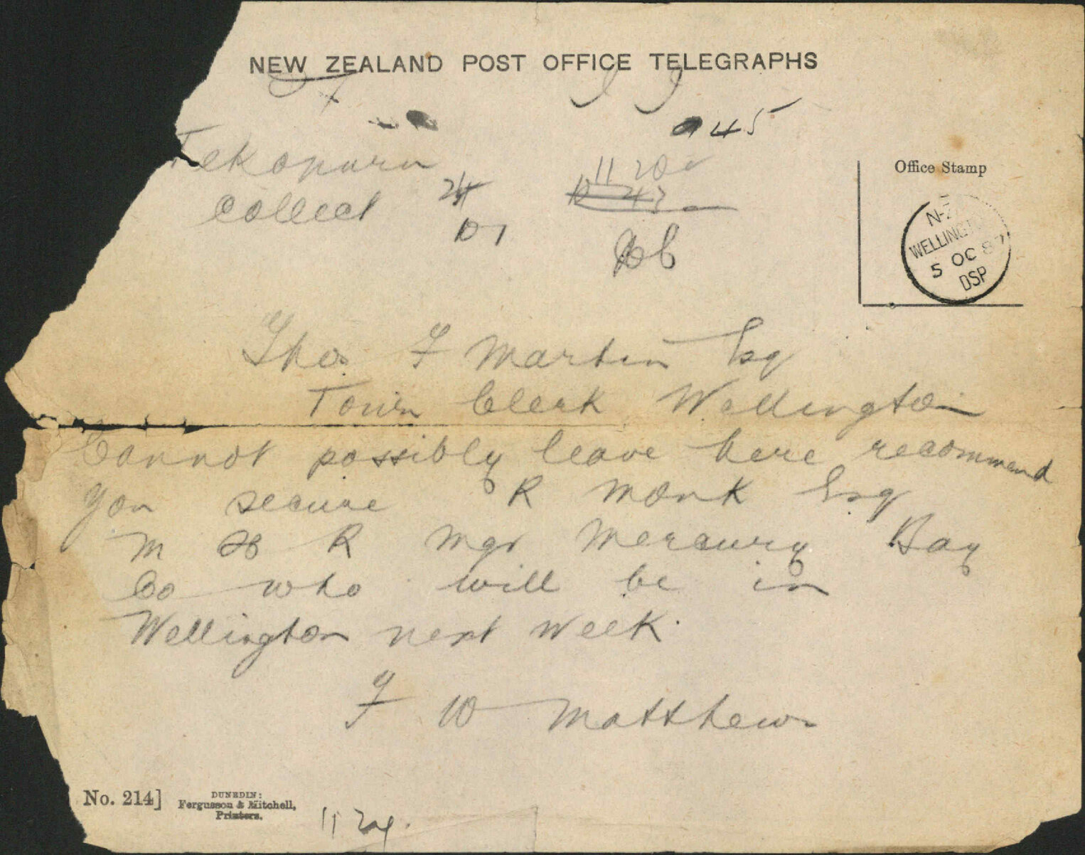 Cannot come to Wellington - F W Matthews
