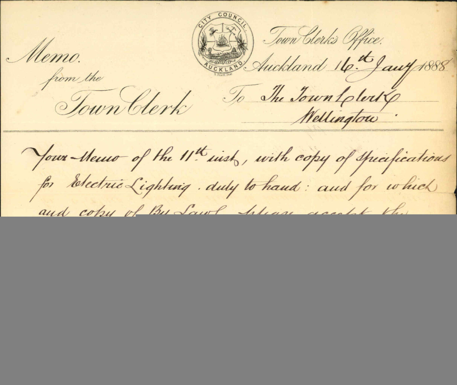 Thanks for electric lighting particulars etc - Town Clerk, Auckland