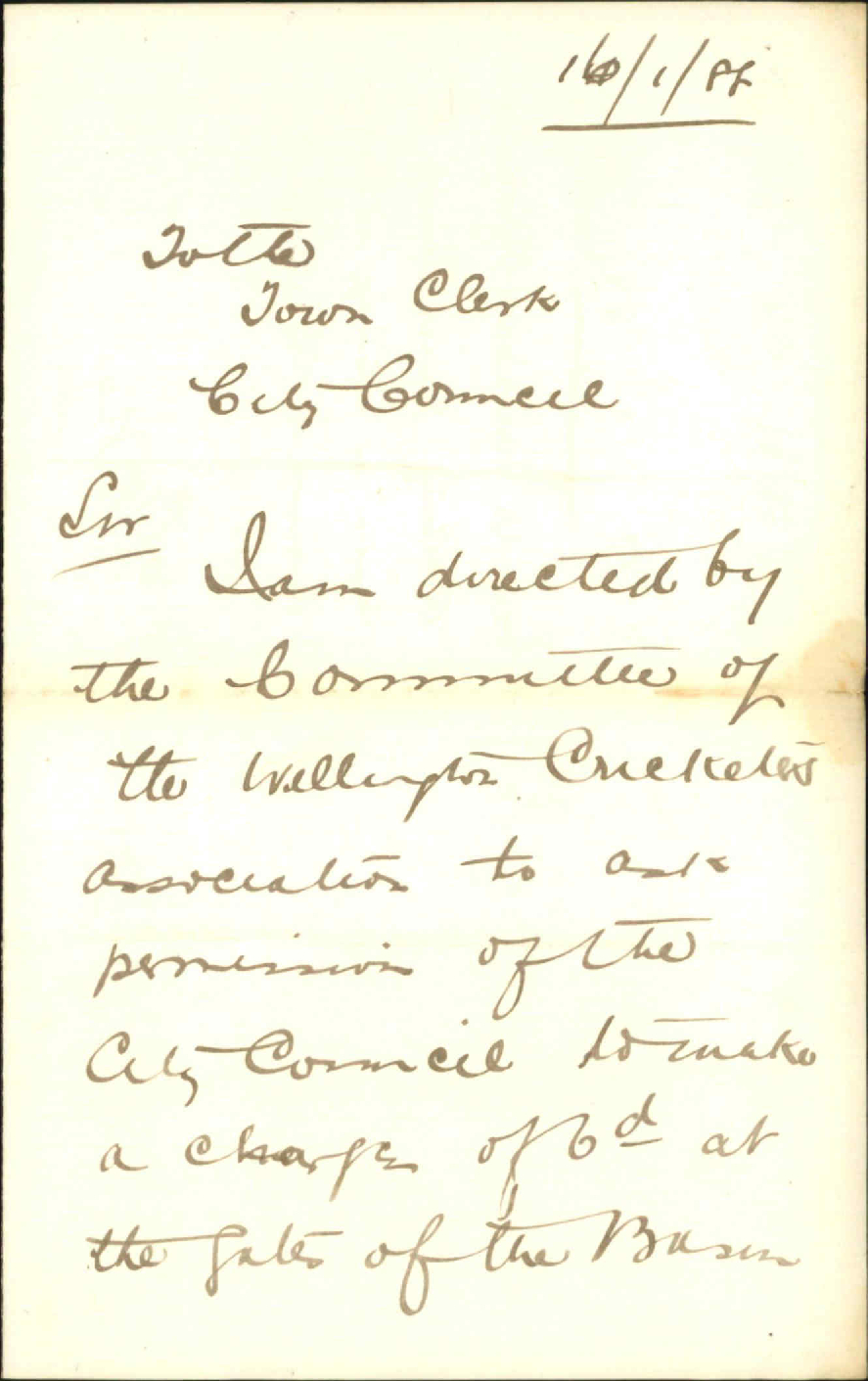 Asking permission to make a change at the Basin Reserve on the 28th instant [28 Jan] - Secretary, Wellington Cricketers Association