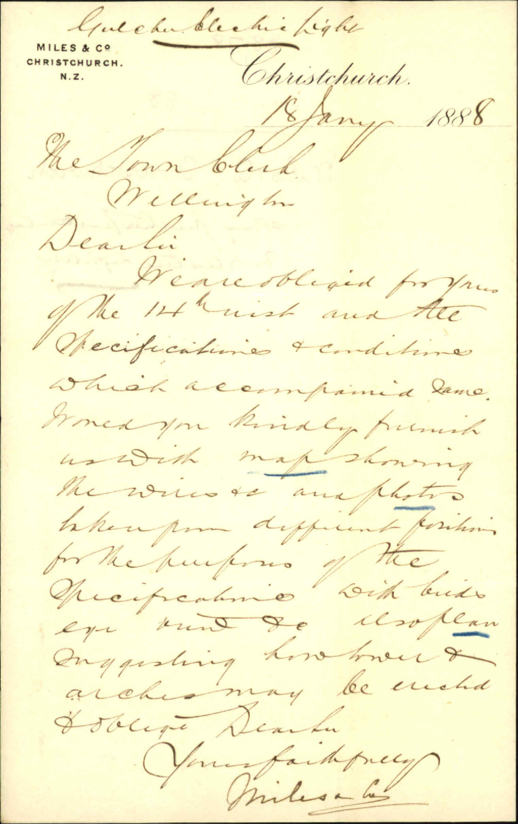 Asking further particulars regarding electric lighting - Miles and Co, Christchurch