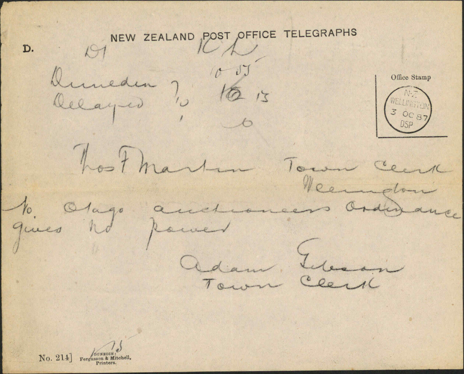 Reply regarding auctioneers licences - Town Clerk, Dunedin
