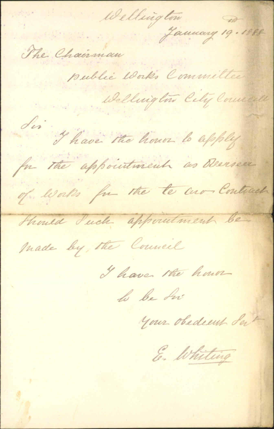 Asking for position of overseer, Te Aro Reclamation - E Whiting