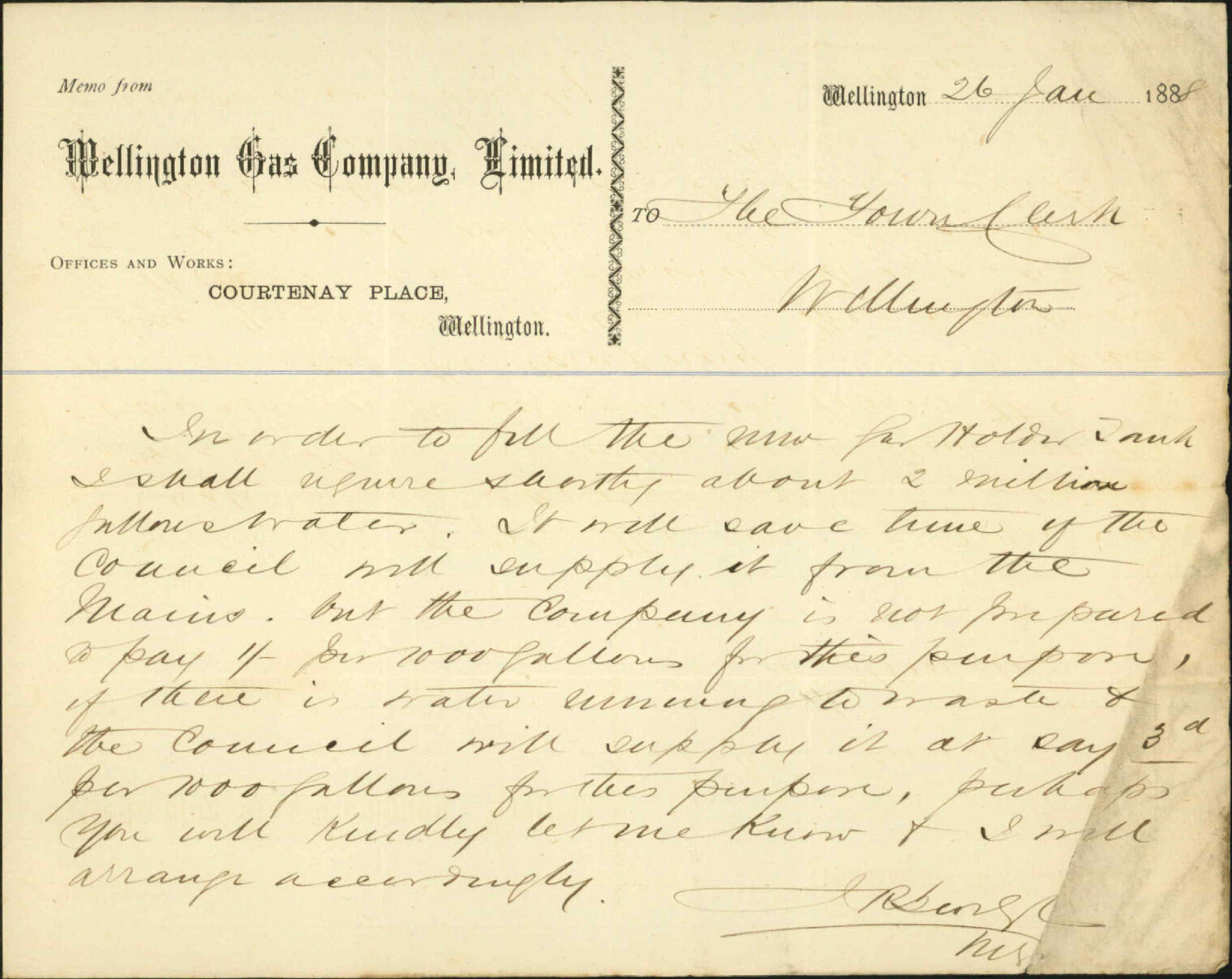 Asking for supply of water for new gas tank - Wellington Gas Company