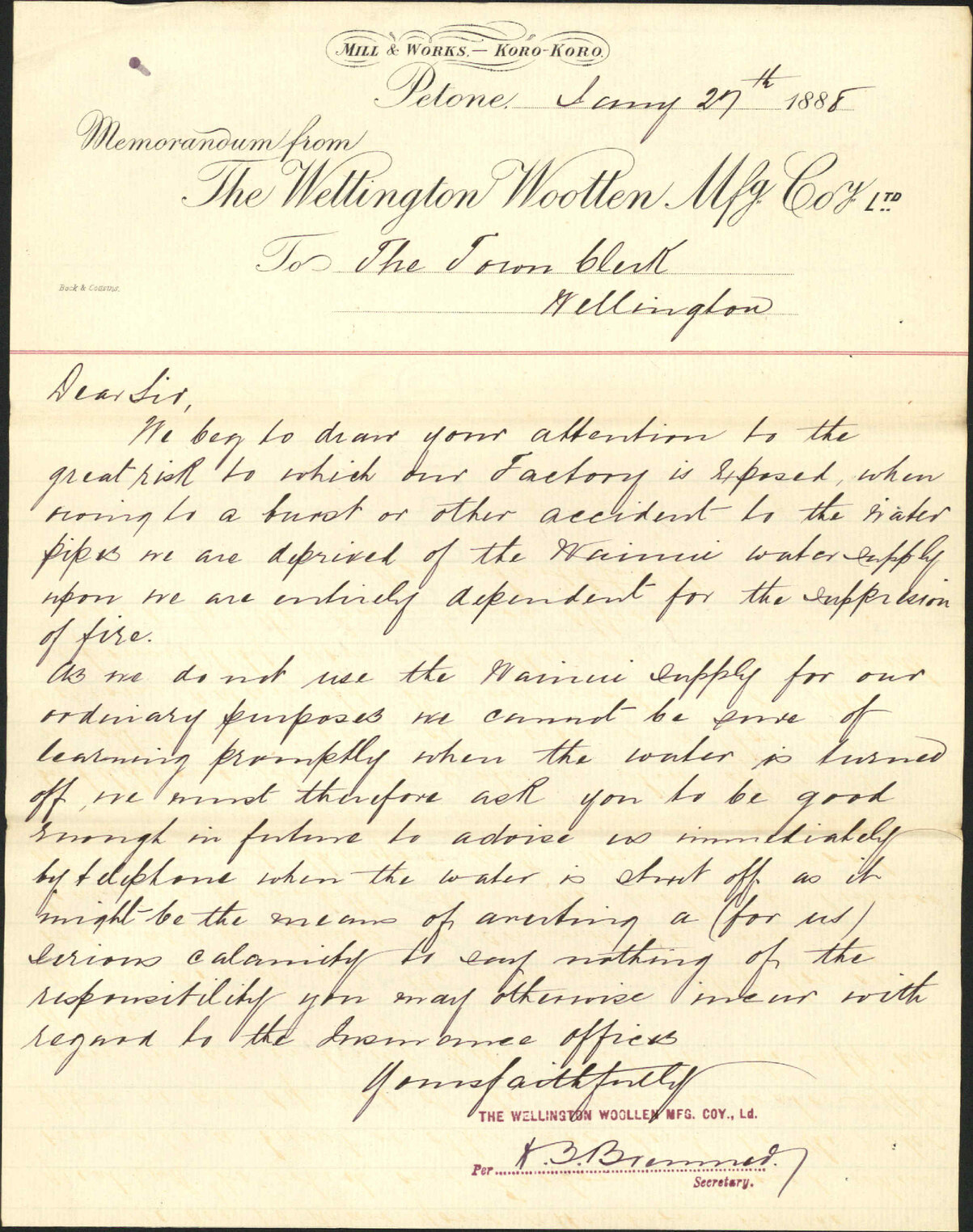 Water supply at their works - Wellington Woollen Co