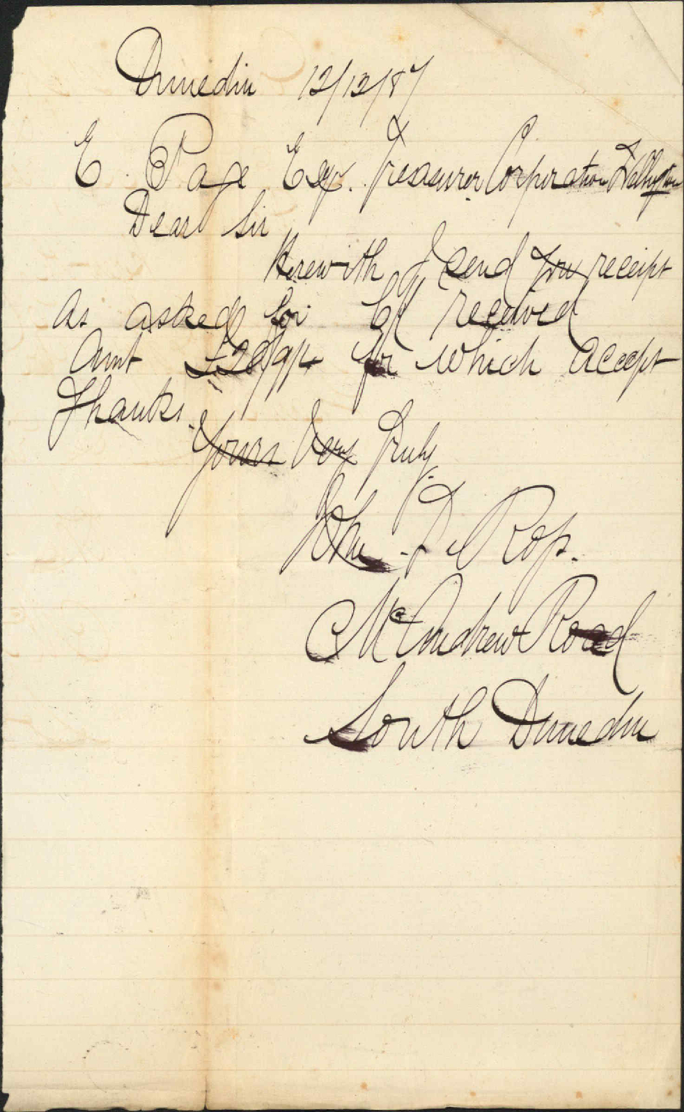 Acknowledging receipt of cheque - John T Rojs, Dunedin