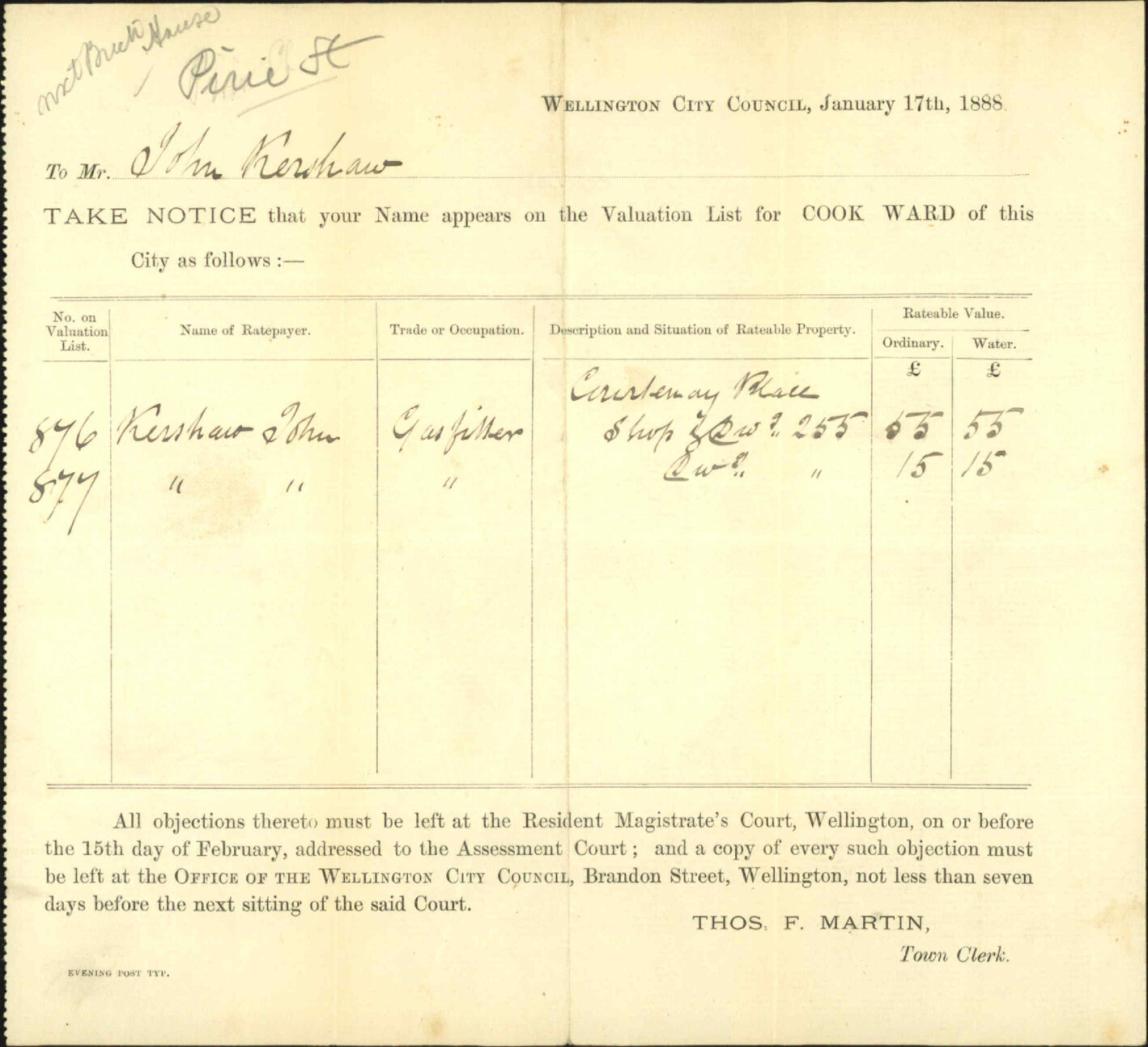 His valuation notice - John Kershaw