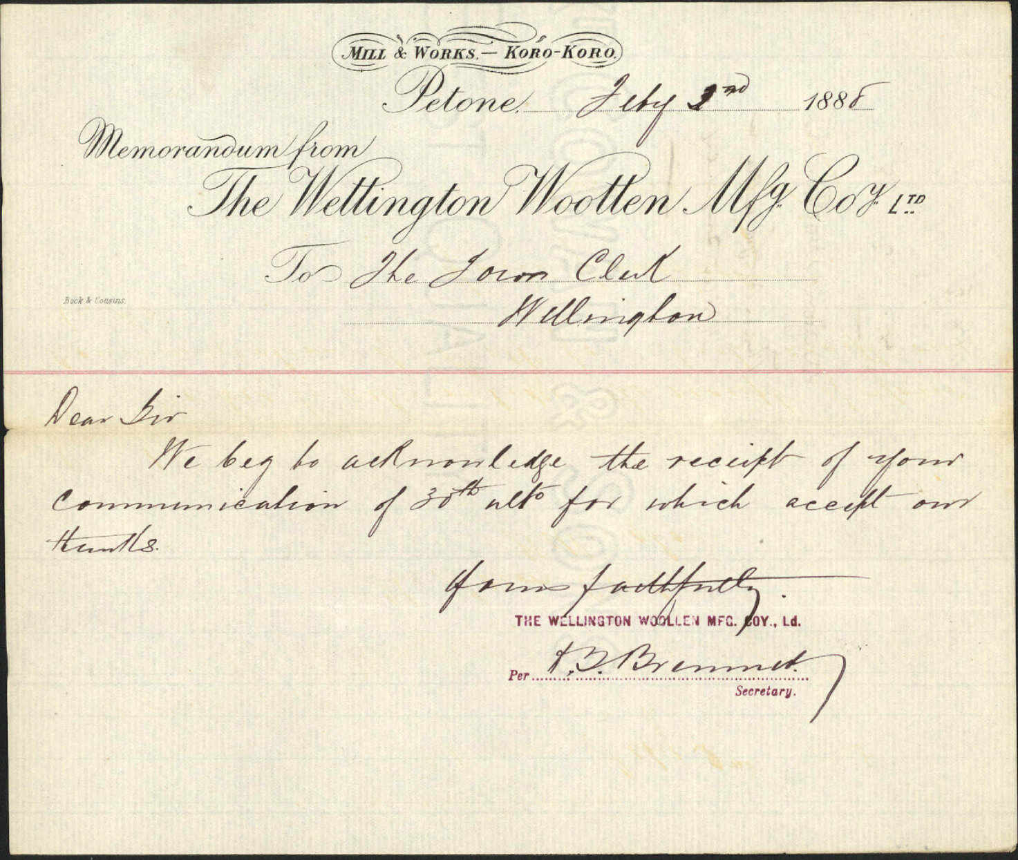 Thanks for letter regarding water supply - Wellington Woollen Company