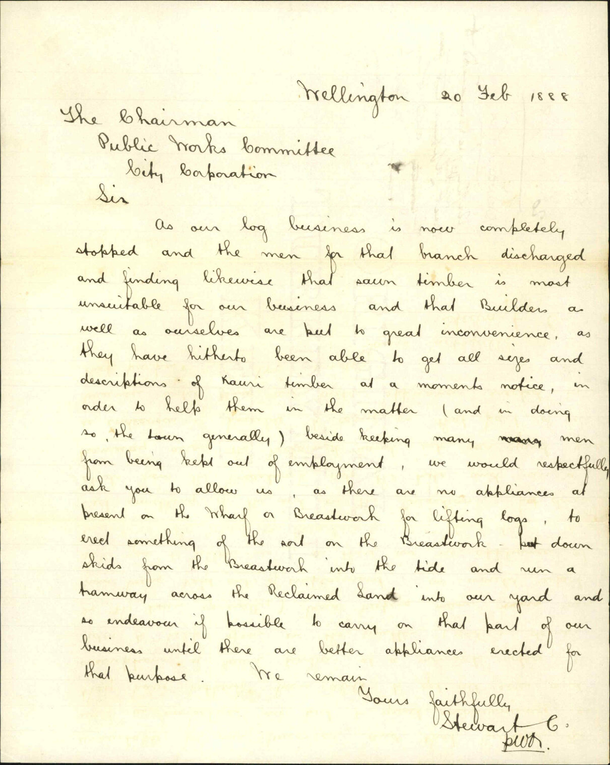 Asking permission to erect hoisting apparatus and to lay tramway on Te Aro Foreshore - Stewart and Co