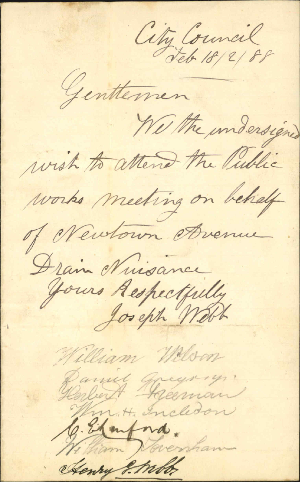 To attend Public Works Committee regarding Newtown Avenue - Joseph Webb (and others )