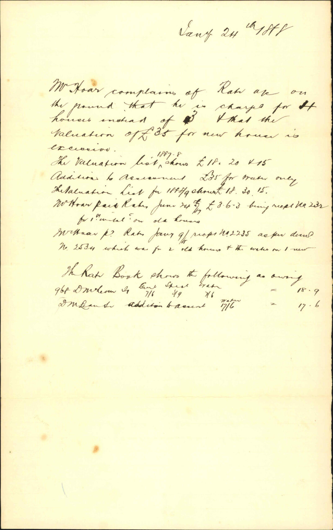 Mr Hoar's rate account - Collector of Rates