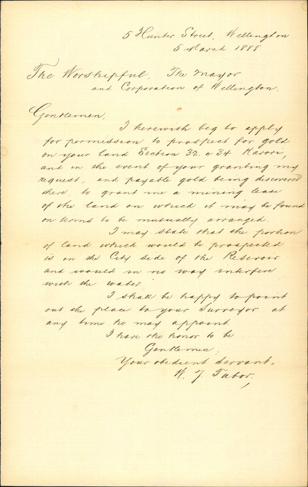 Asking leave to prospect for gold on W W Reserve [Reservoir], Karori - W J Tabor