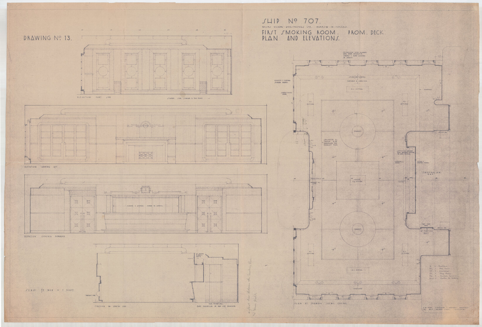 [TSS Awatea], first class smoking room promenade deck plan and elevations