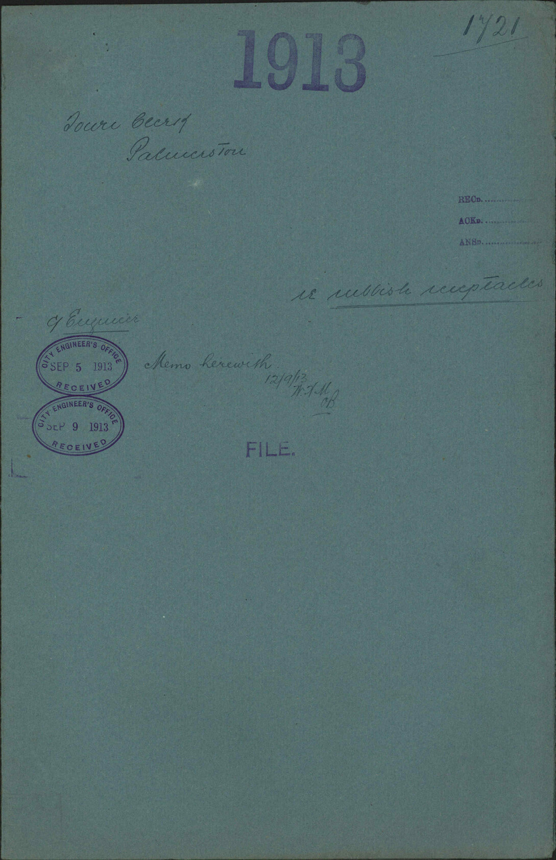 Re rubbish receptacles - Town Clerk, Palmerston