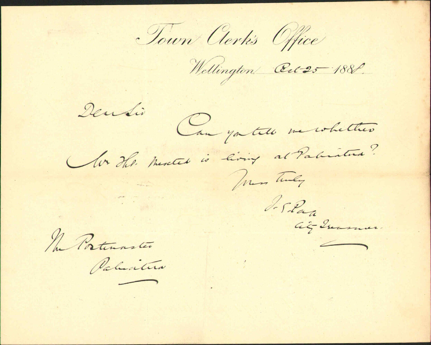 Reply to enquiry regarding Thomas Mexted - Postmaster, Pahiatua