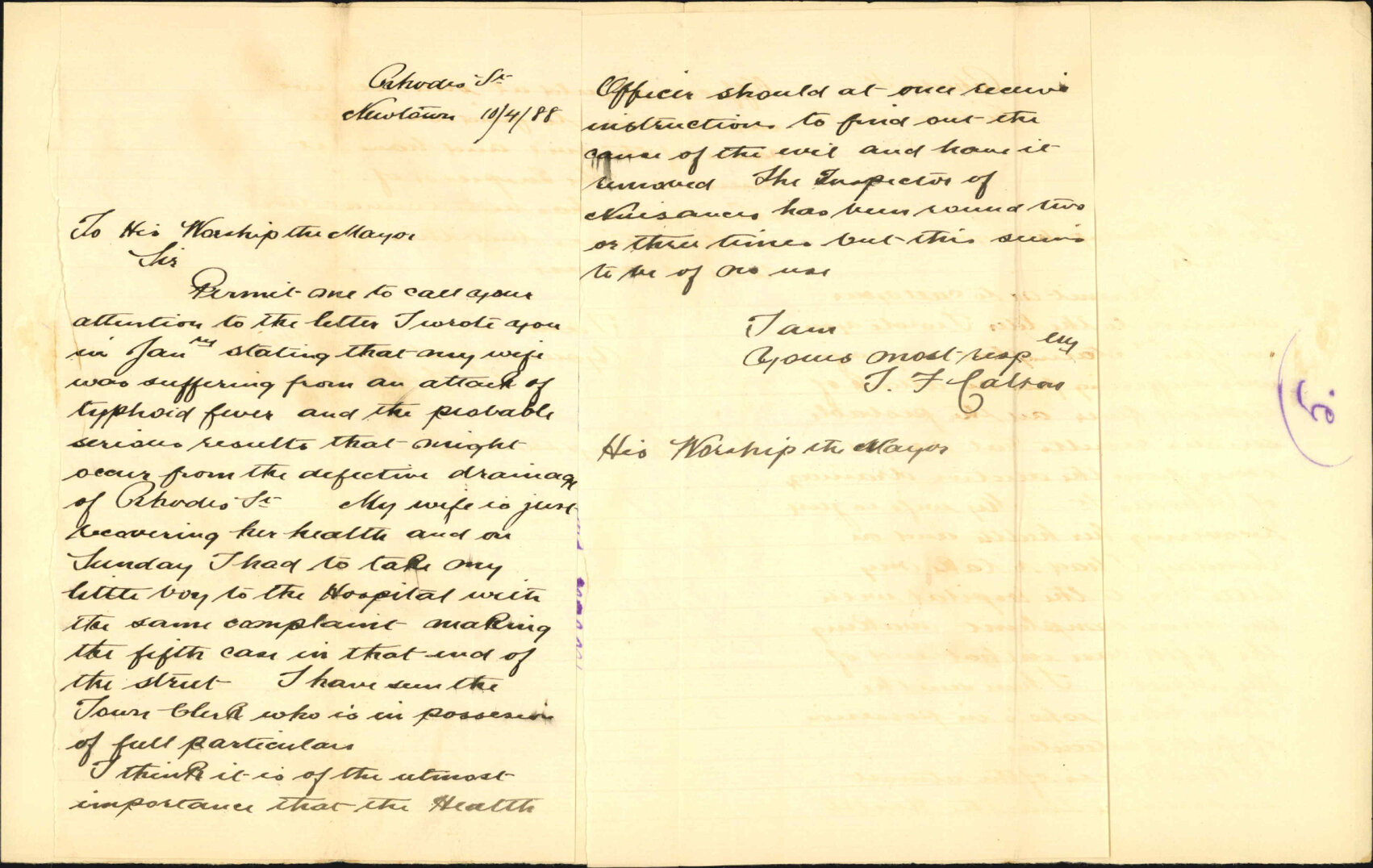 Further regarding drainage of Rhodes Street - J F Calton