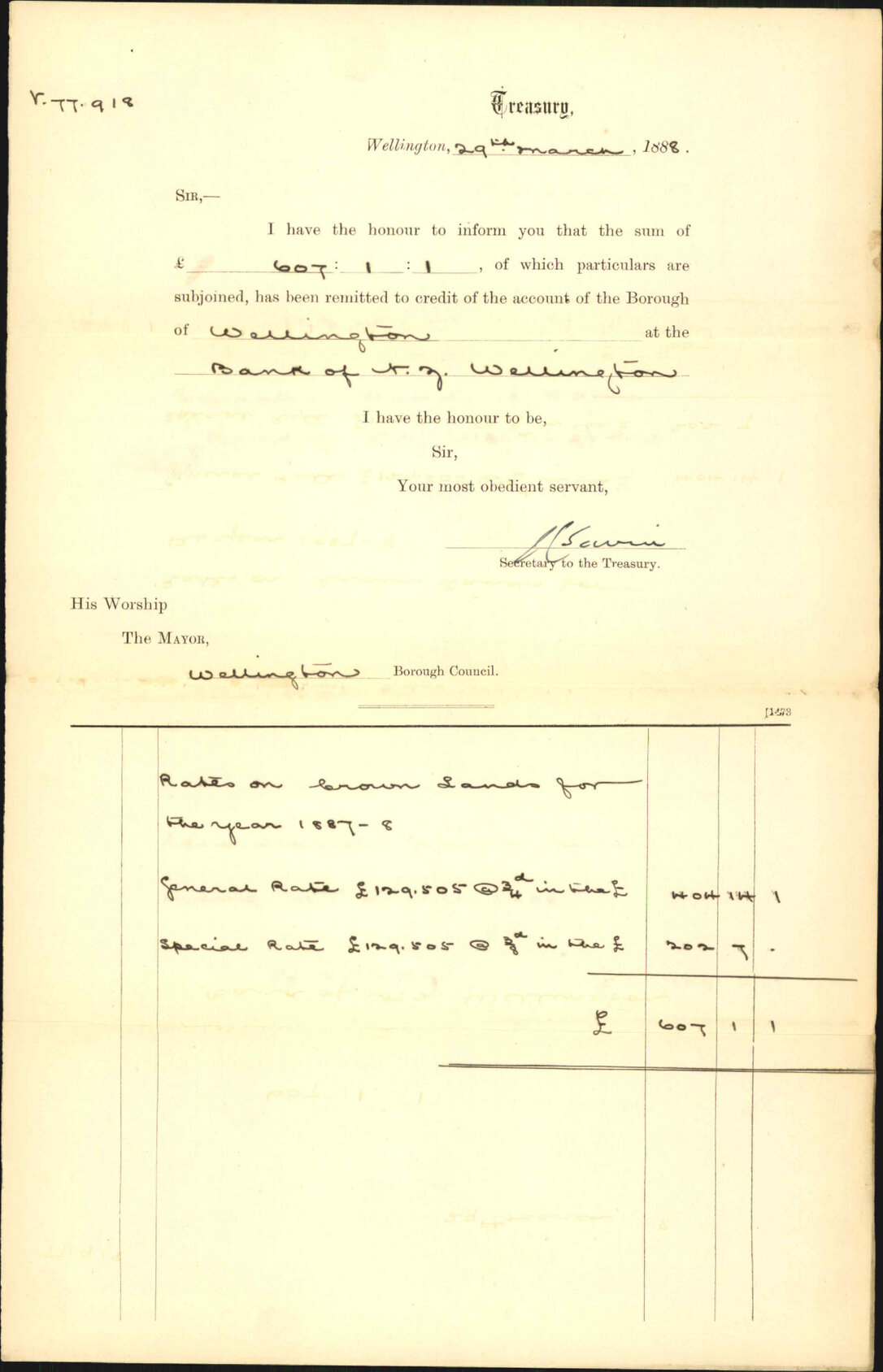 Advising payment of rates - Treasury