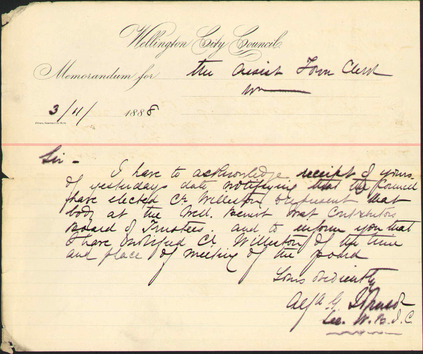 Co Willeston's election as trustee - Secretary Wellington Benevolent Institution