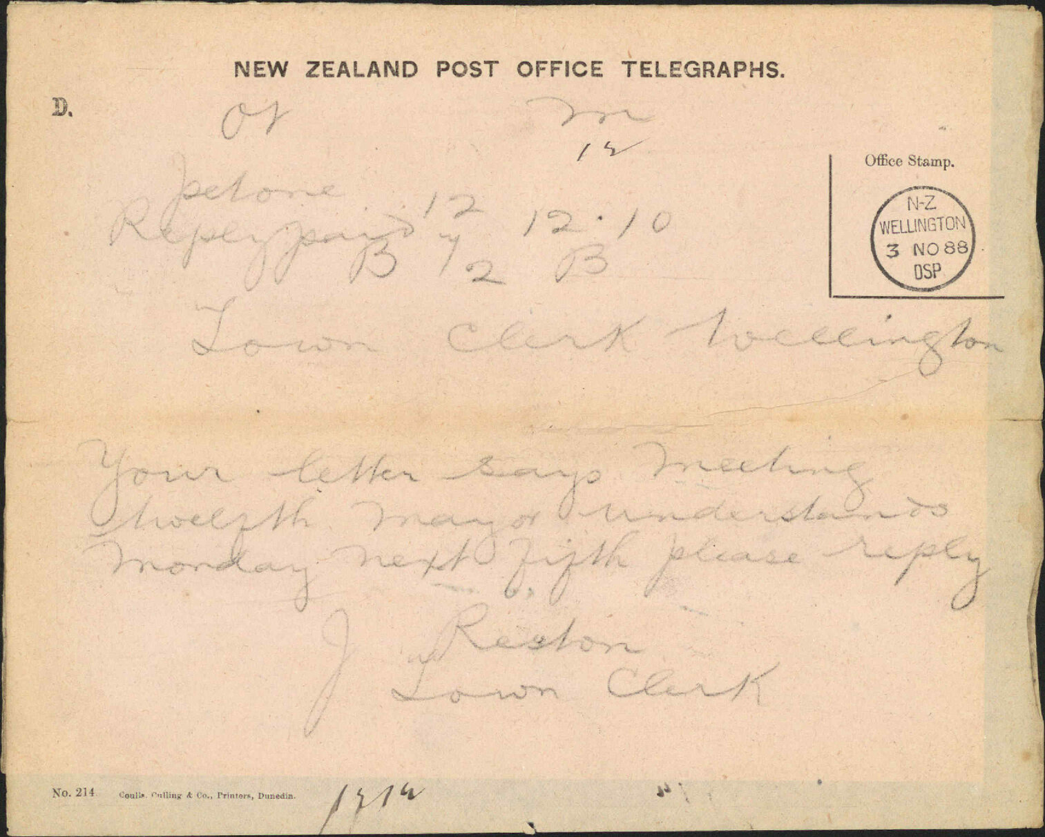 Water supply - Town Clerk, Petone