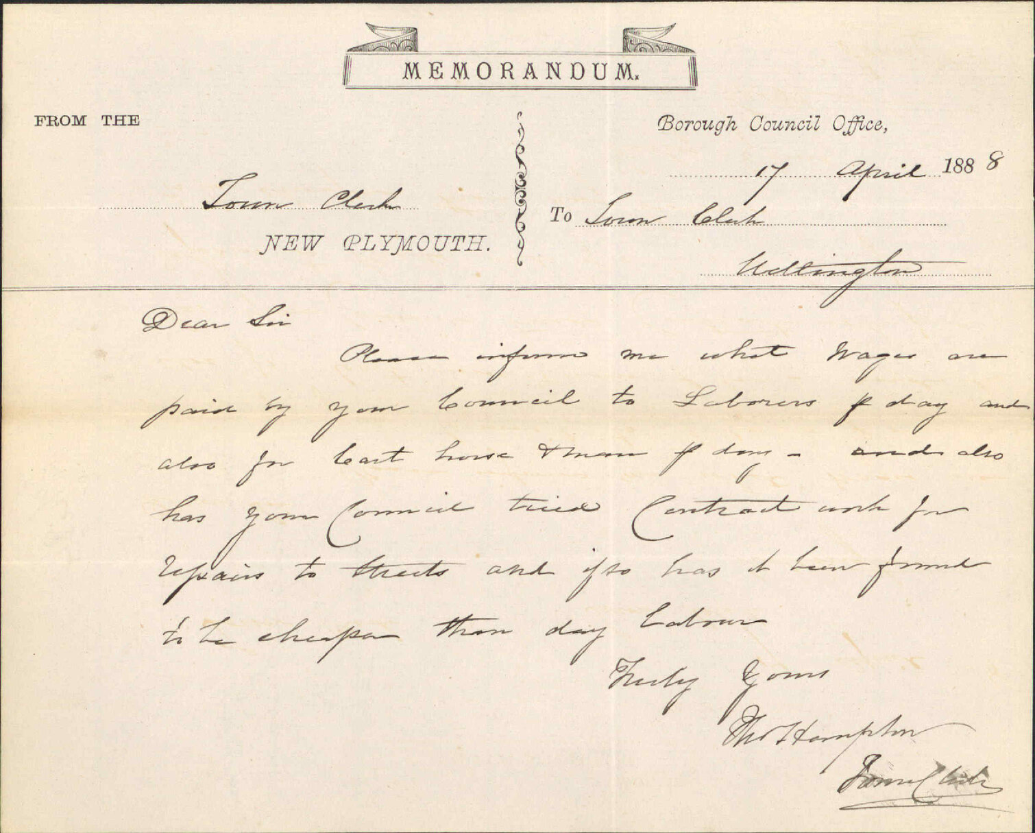 Enquiry regarding labourers' wages - Town Clerk, New Plymouth