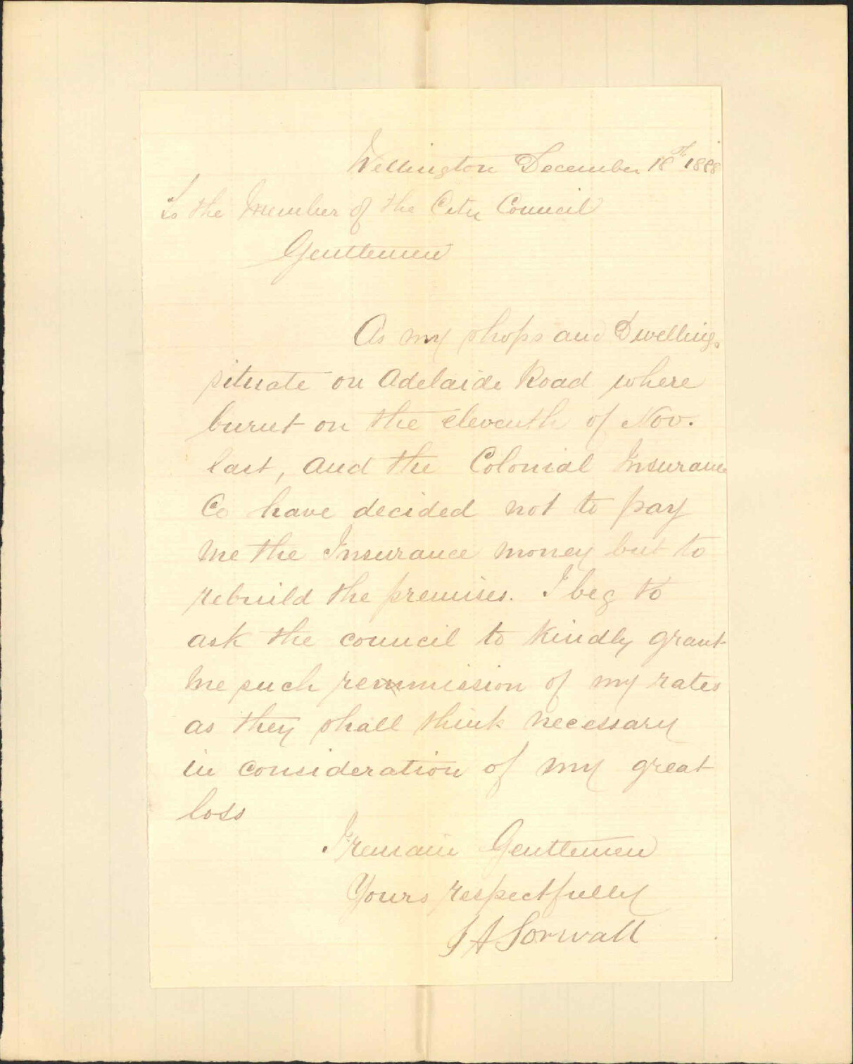 Asking for remission of rates as his property burnt down - J A Sorwall