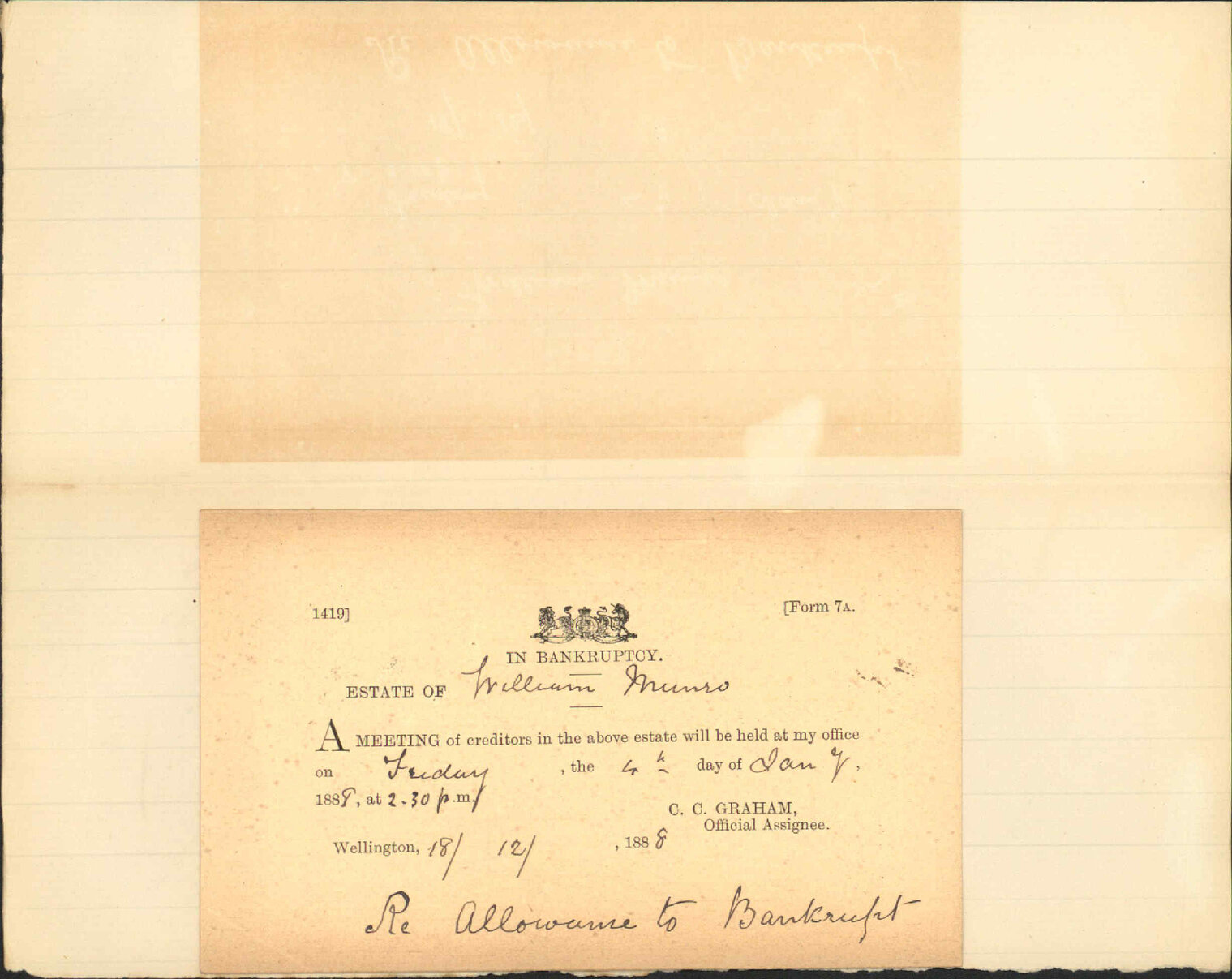 Notice regarding W Munro's bankruptcy - Official Assignee