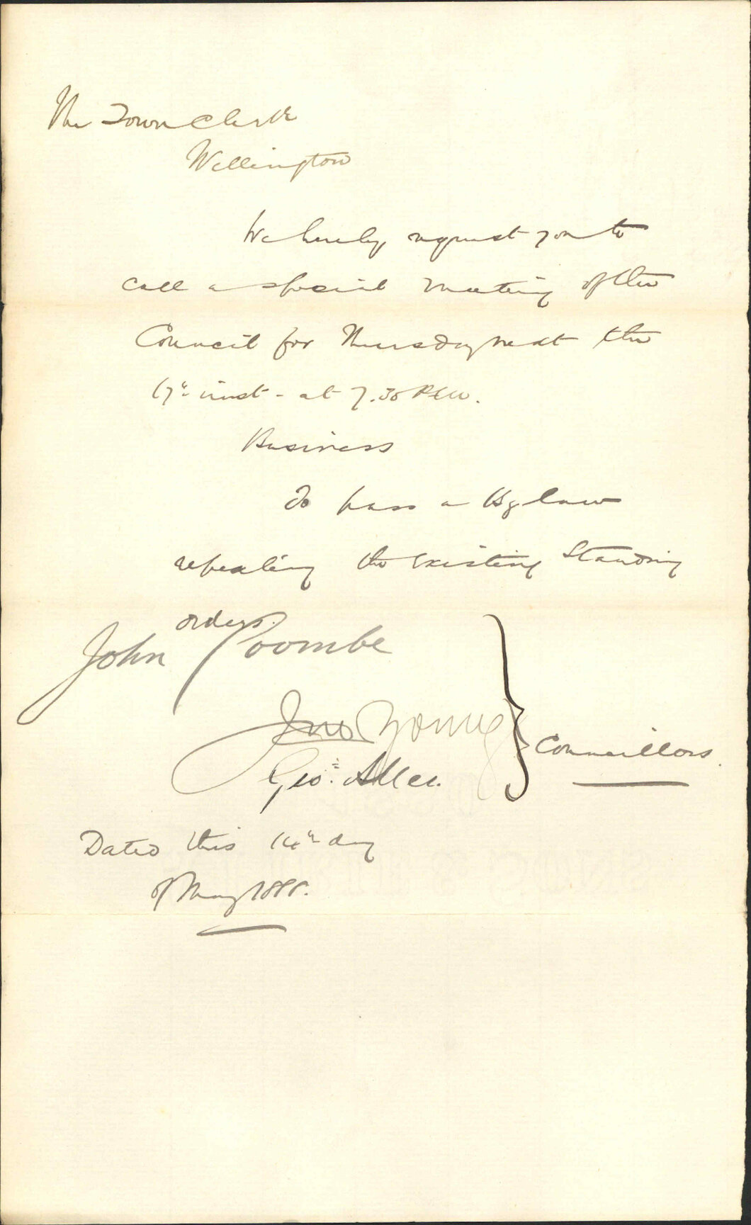 Requisition for special meeting - Coombe, Young and Allen (Councillors)
