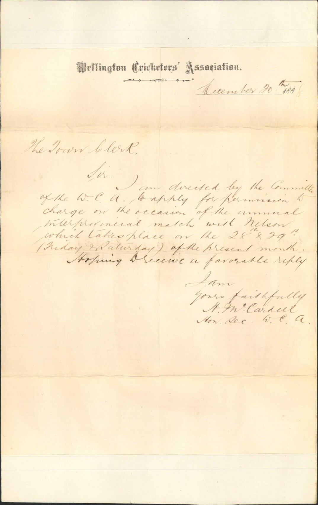 Asking leave to charge for admission to Basin Reserve on the 28th and 29th of December - Wellington Cricket Association