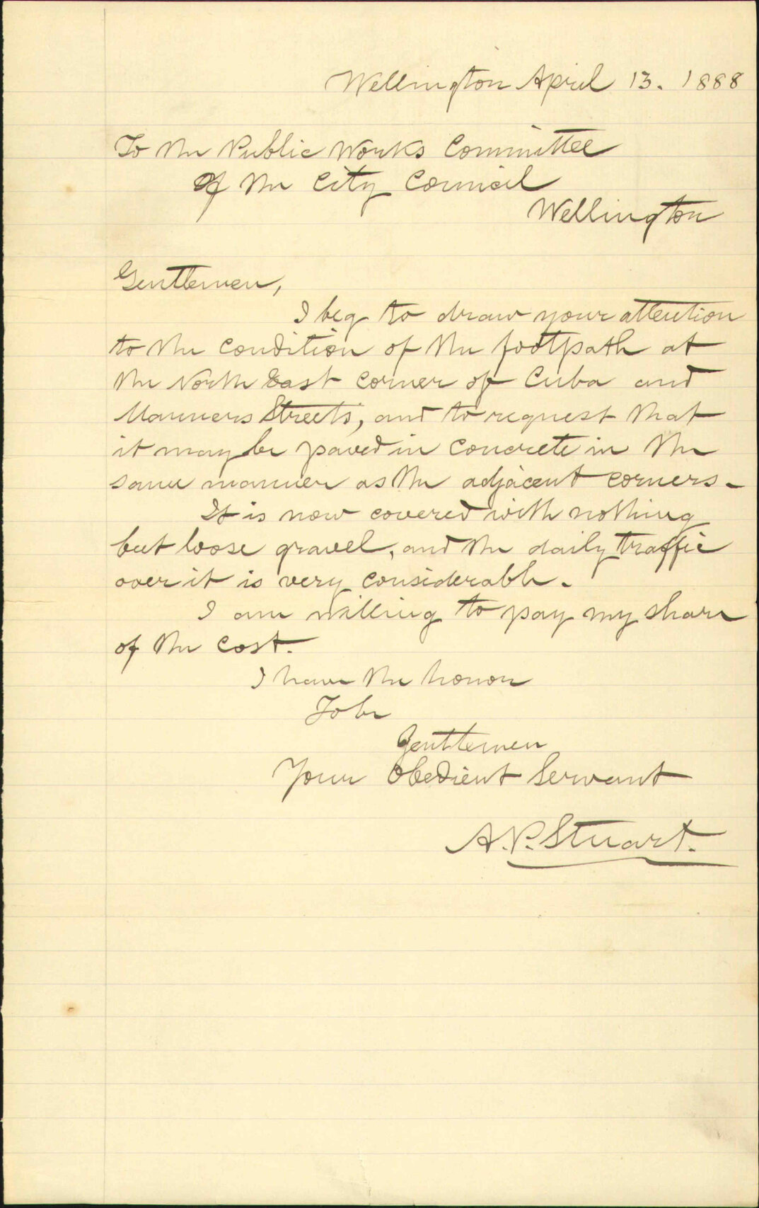 Asking for concrete pavement at corner of Cuba and Manners Streets - A P Stuart