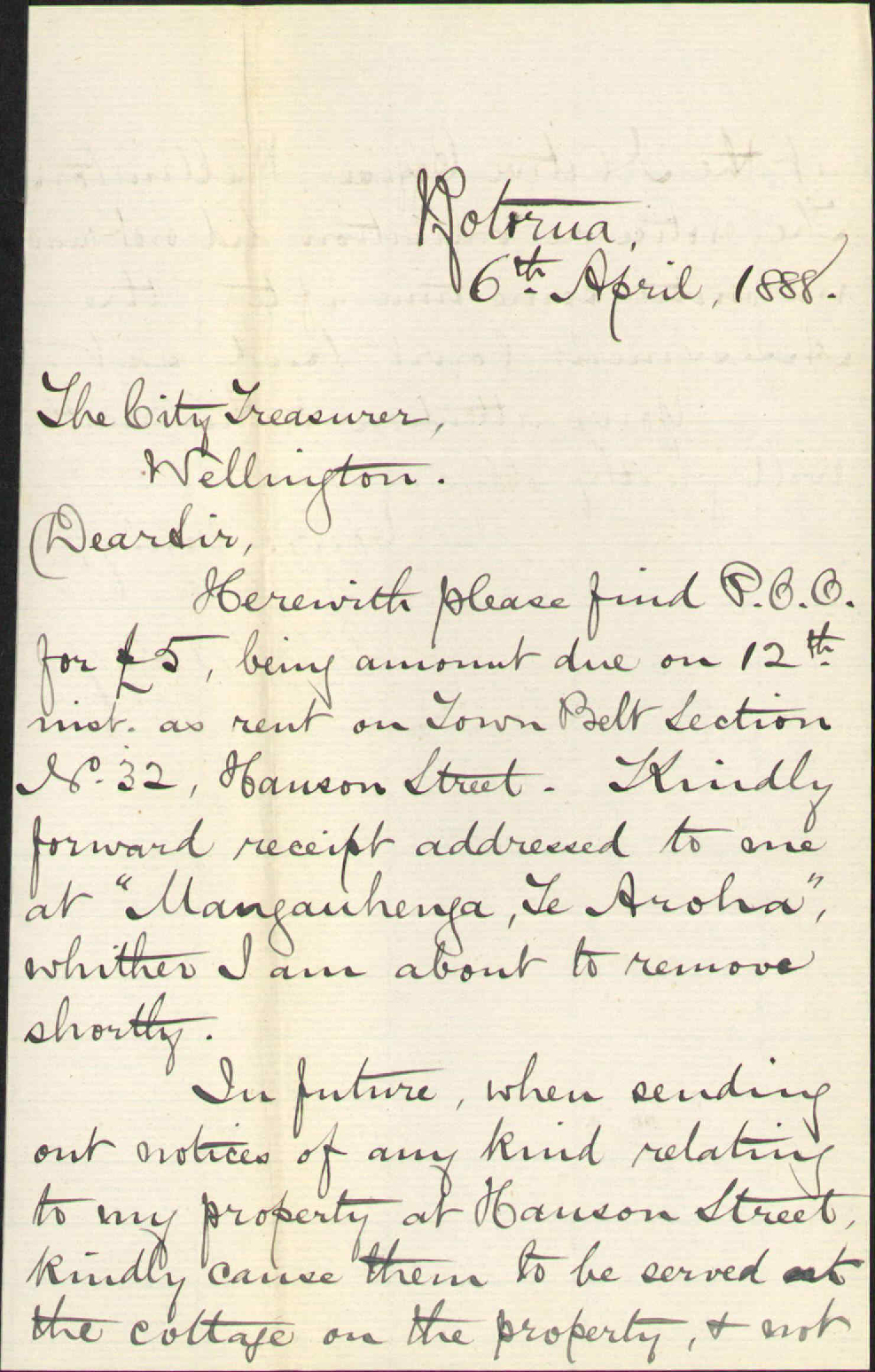 Enclosing post office order for rent of Town Belt - H J Johnson , Rotorua