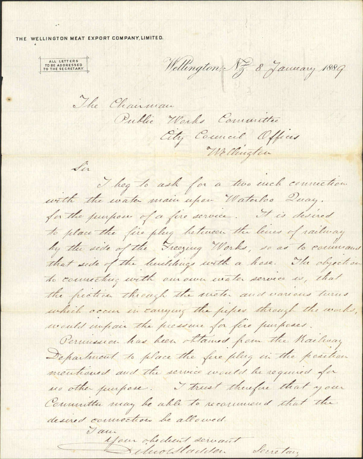 Asking for fire services for Waterloo Quay, Wellington Meat Export Co
