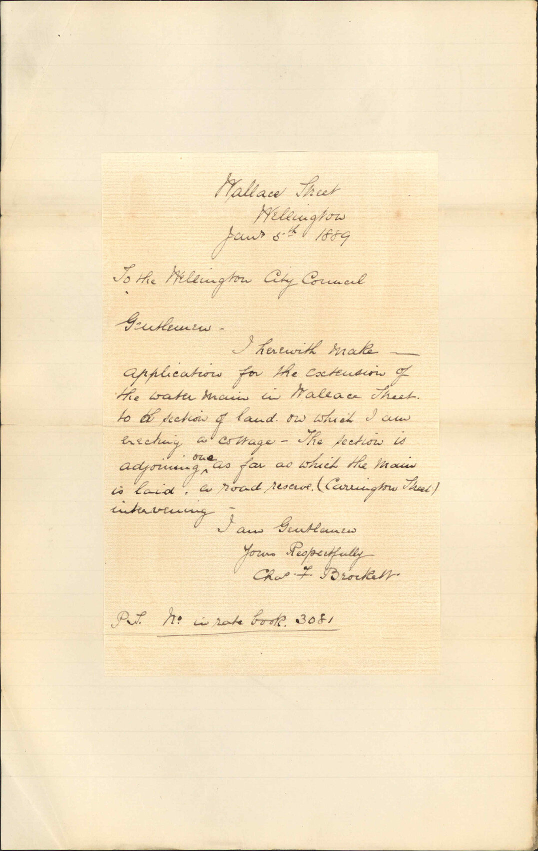 Asking for water main in Wallace Street - Charles F Brockett