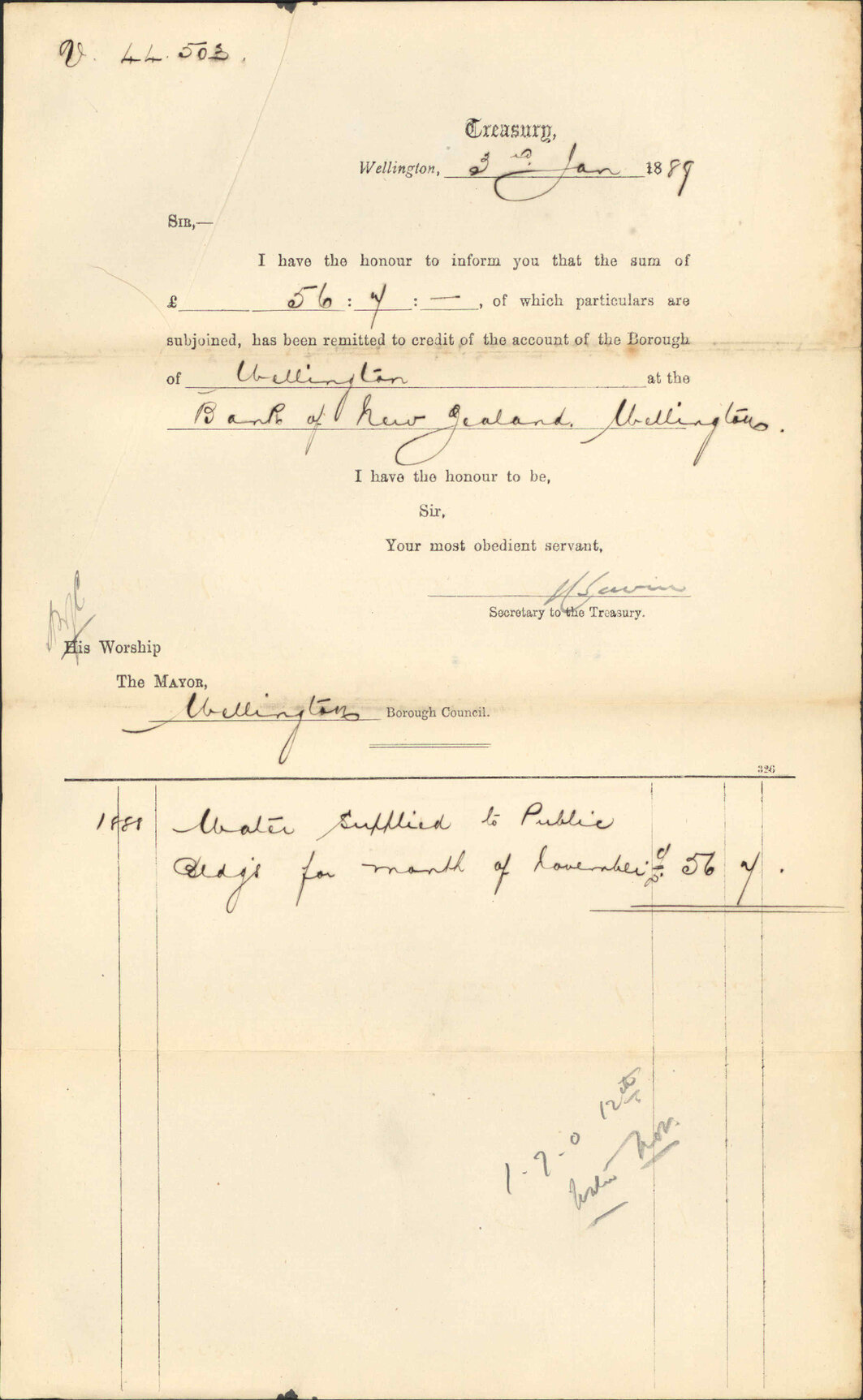 Advising payment of water account - Treasury